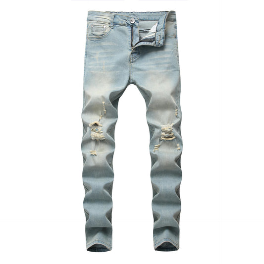 Men Vintage Wash Solid Denim Trouser Mens Casual Slim Fit Pencil Denim Holes Pants 2024