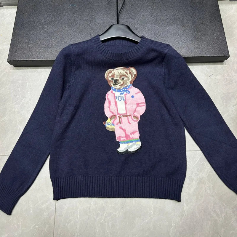High Quality Light Luxury French Bear Embroidered Knitted Cardigan For Women New Fashion Casual Loose Sweater Coats Pulls Femmes