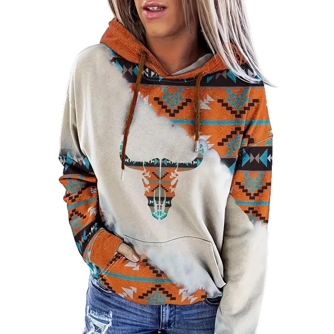 Ladies Aztec Print Hoodie Sweatshirt Casual Sportswear Full Sleeve Winter Comfortable Polyester Blend Hooded T-Shirt
