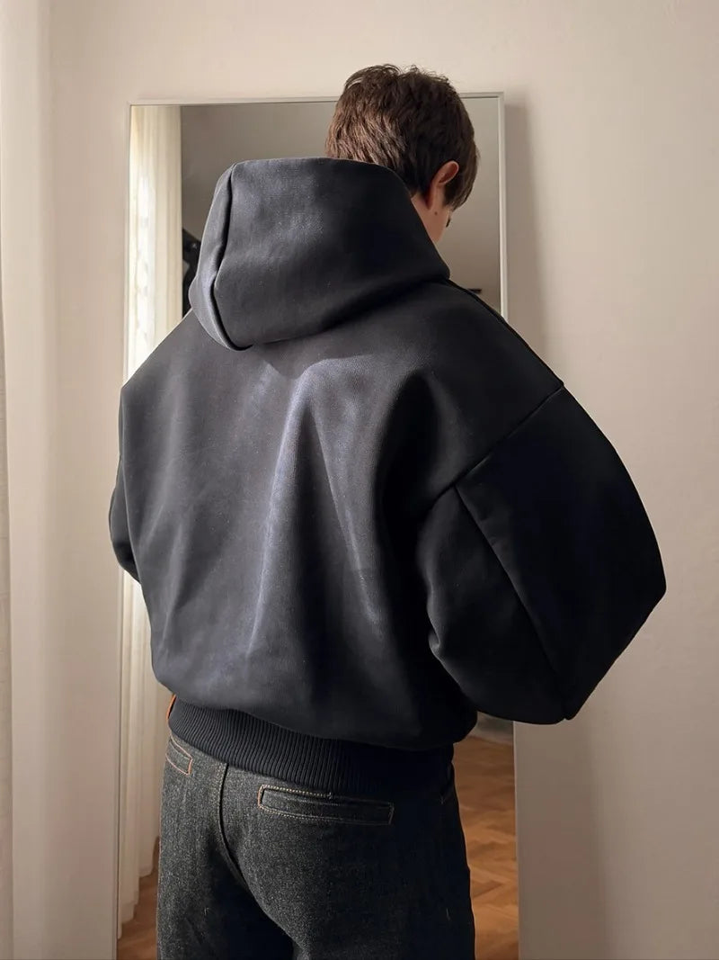 American Retro Solid Color Oversized Sweatshirt Women Autumn and Winter Streetwear Trendy Hip-hop Casual Loose Black Hoodie Men