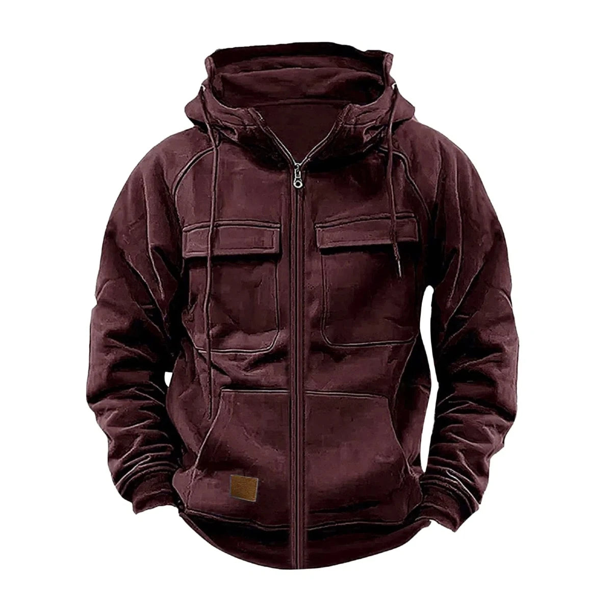 JUMPER Solid-Color Zipper Pullover Hooded Sweater Casual Loose Street-Style Multi-Pocket Hooded Sports Coat