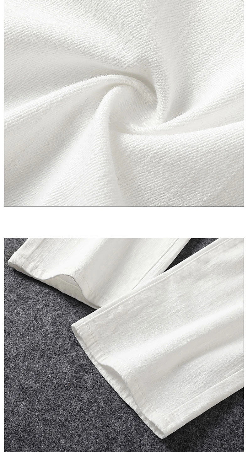 men's white distressed hot drilling jeans slim fit stylish American high street trendy jeans