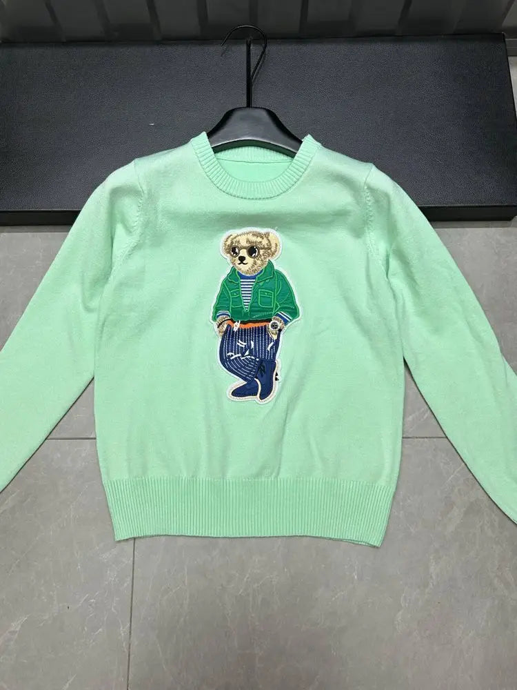 High Quality Fall Winter New Fashion Lazy Cartoon Bear Embroidery Loose Knitted Sweater Tops Women Casual Pullover Sweater Pull
