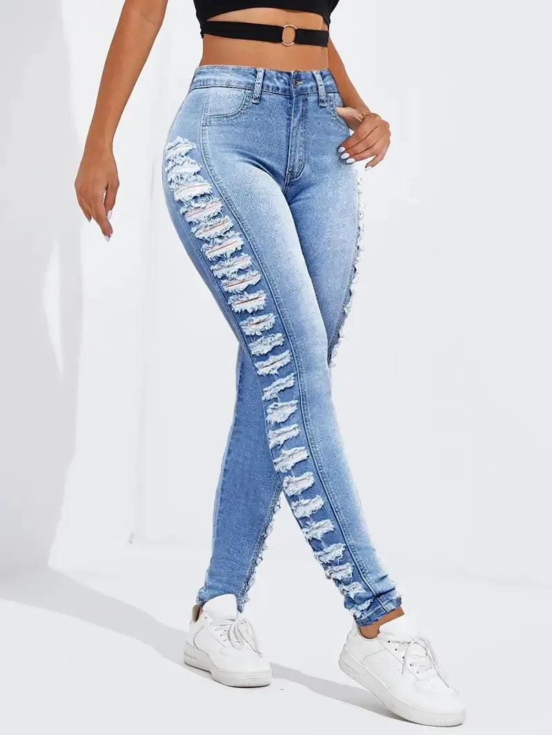 Women's fashionable washing light blue side layered ripped elastic slim fit and hip-retracted casual nine-point foot jeans
