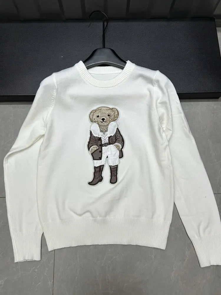 High Street Luxury French Ladies Embroidery Bear Knitted Pullover Sweater For Women Fashion Casual Knitwear Tops Pull Femme