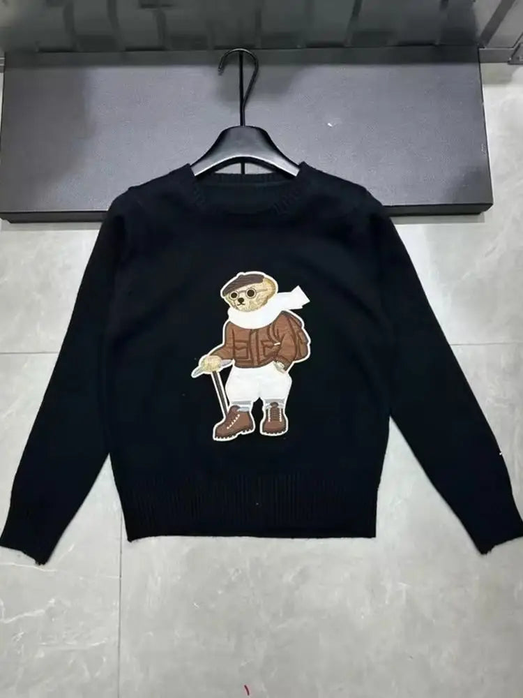 High Quality French Vintage Luxury Bear Jacquard Sweater For Women Autumn New Fashion Korean Casual Loose Pullover Knitted Tops
