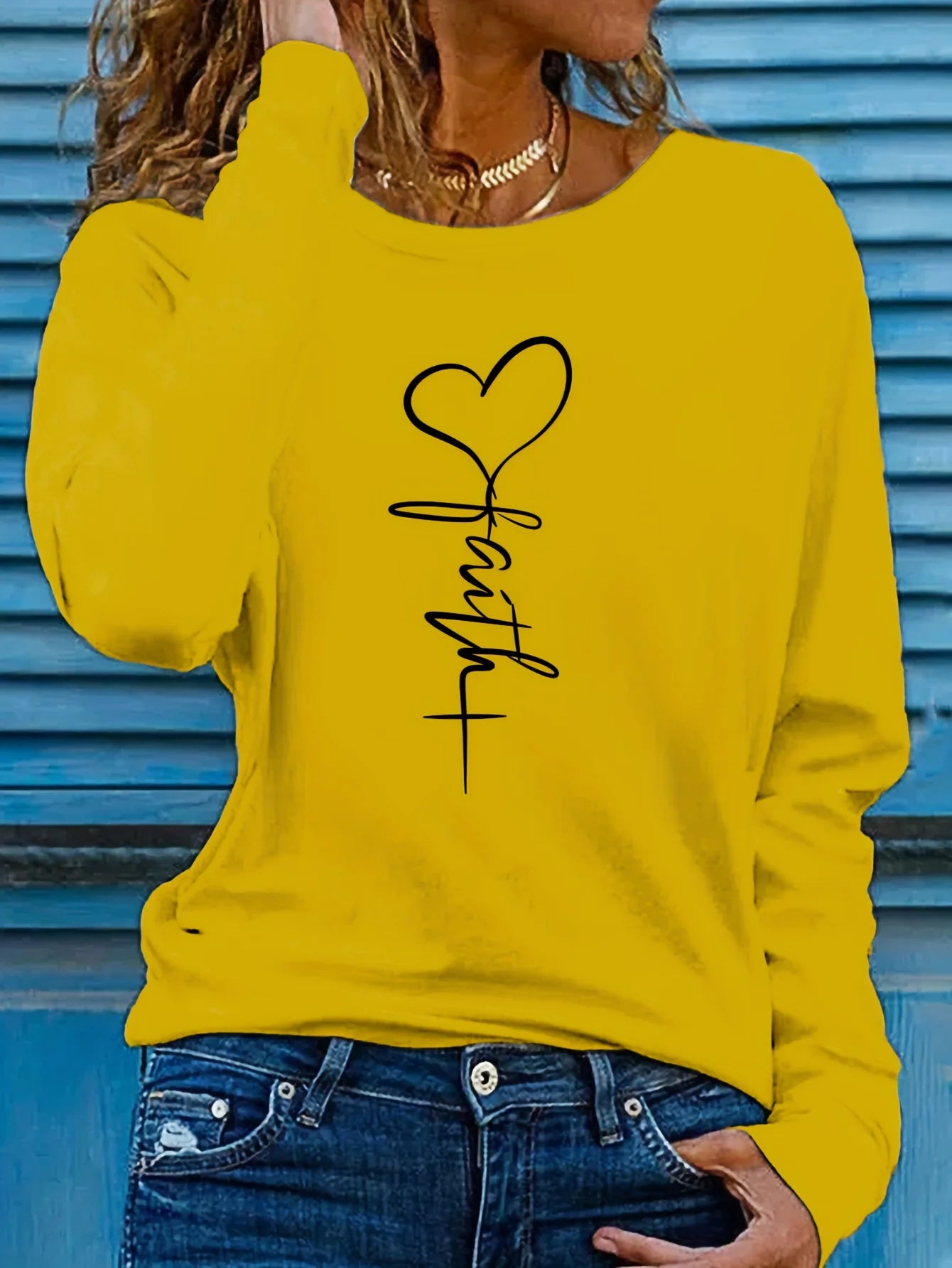 Faith Print Crew Neck T shirt Casual Long Autumn winter top women's long sleeved T-shirt loose comfortable black  white
