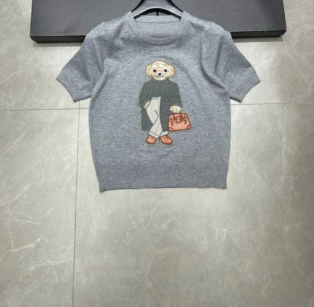 European Style Luxury Brand Loose O-Neck Bear Pullover Tops Knitwear Woman Short Sleeve T-shirt Ladies Wool Knitted Sweater