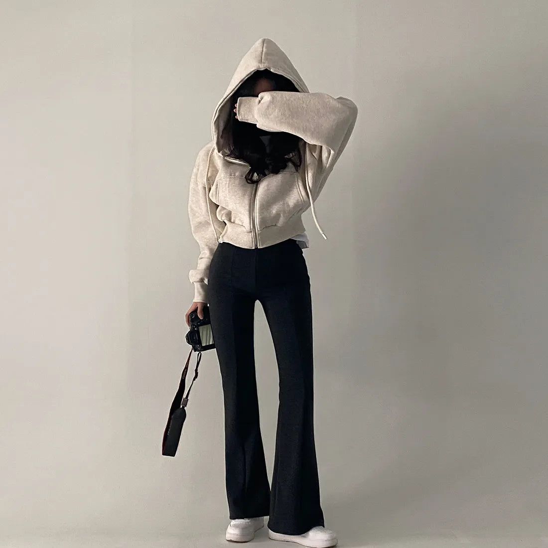 Hoodies Women ,Casual Hood Sweatshirt Women Y2K Zip Up Hoodies Solid Harajuku Long Sleeve Shirt Oversized Crop Tops Female Loose Jackets Coat