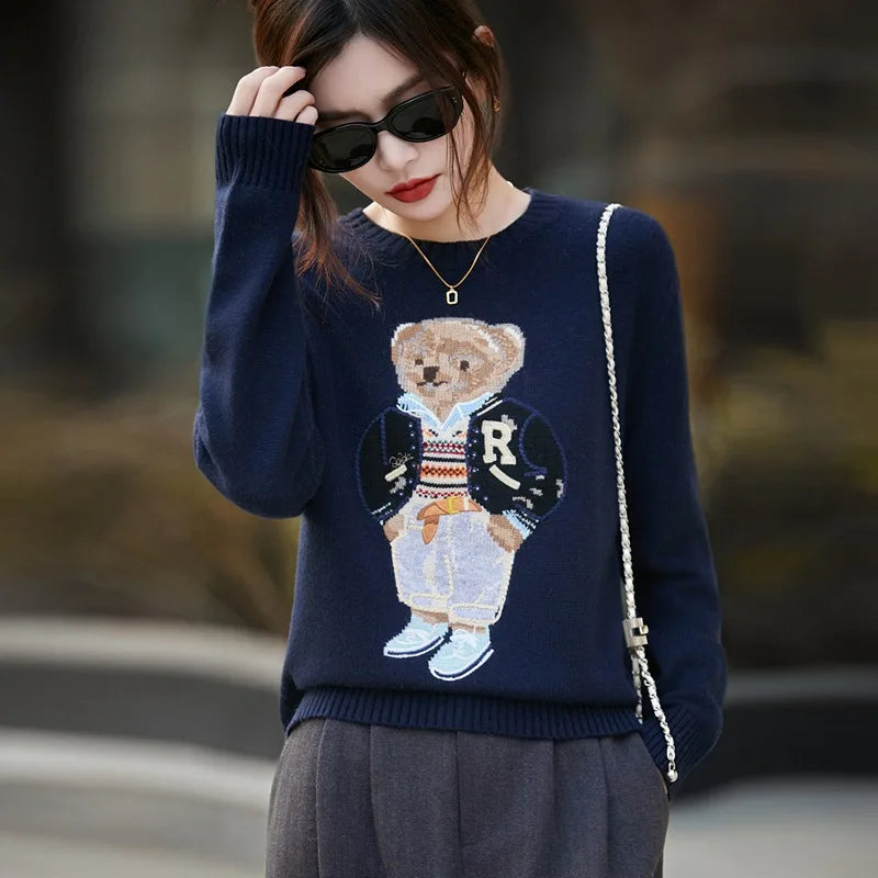 Thickened Woolen Knitted Sweater round Neck Embroidery Cartoon Bear Women's Base Shirt Autumn Winter New Style Premium Spun Wool