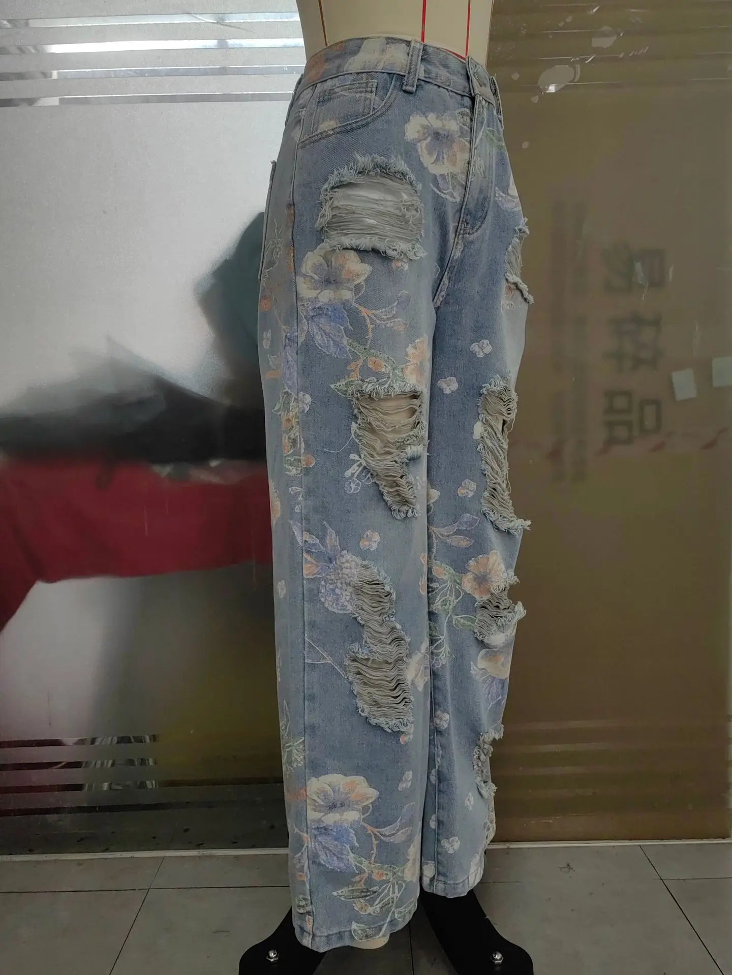 Denim Pants Women Floral Print Sexy Hole Hollow Out Jeans Ripped Out Straight Trousers 2025 Summer Street Lady Pant