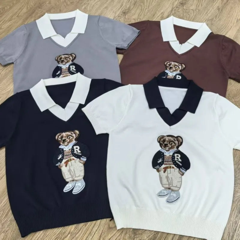 Cartoon Bear Thin Knit Pullover Women 2026 New Summer Short Sleeve Sweater Jumper Cropped Tops Fashion Women's Clothes