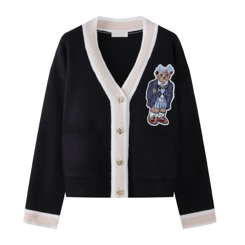 High Quality Light Luxury French Bear Embroidered Knitted Cardigan For Women New Fashion Casual Loose Sweater Coats Pulls Femmes