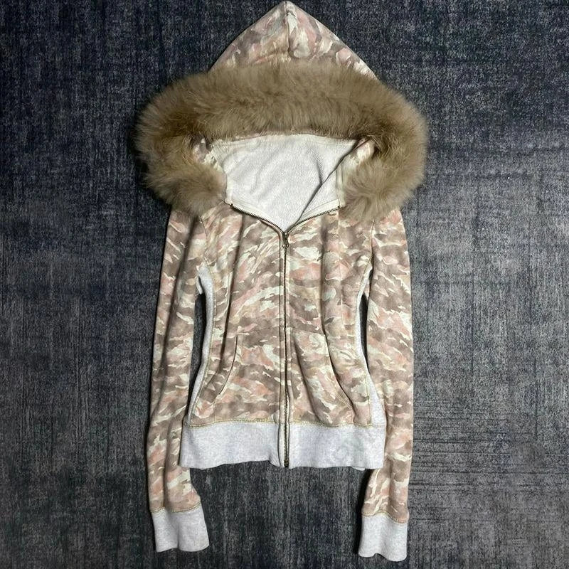 Hoodies Women's 2025 Gothic Aesthetic Autumn Winter Fur Collar Hoodie Casual Slim Chic Design Cardigan Sweatshirt 2000s Harajuku Clothes