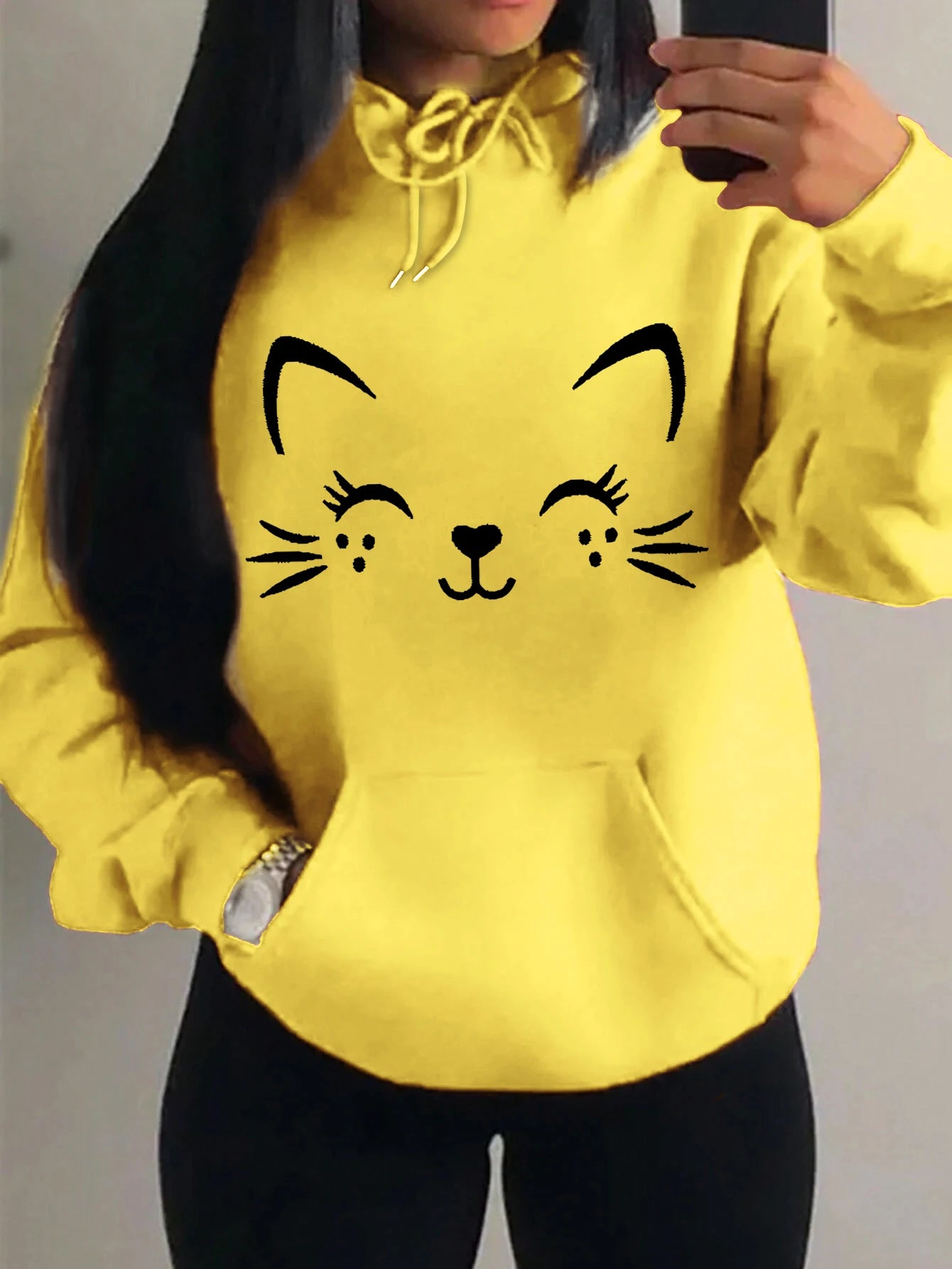 Simple Word Cat Happy Pattern Women Hoodies Fashion Casual Streetwear Personality Hip Hop Hoodie Trendy Fleece Pulloverar