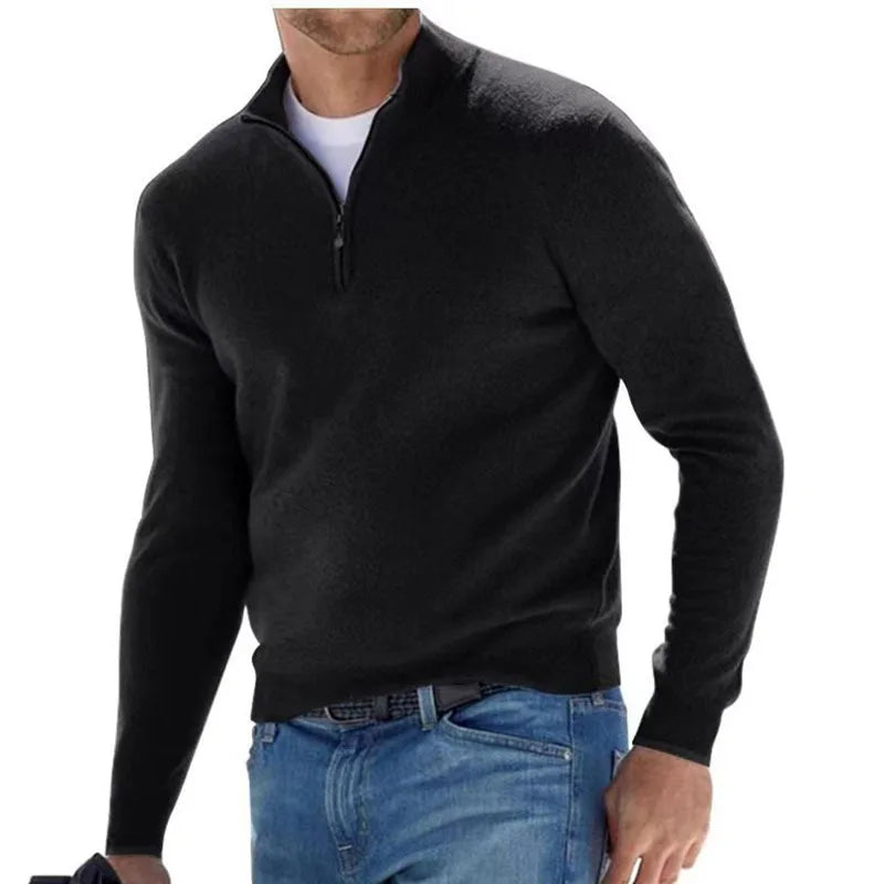 Men's Sweatwear Warm Pullover Solid Color Half Zipper Casual Sweater Slim V-neck Long Sleeve