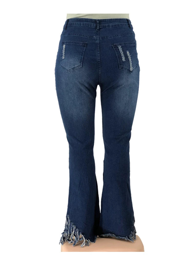 Pus Size  Ladies Jeans High Waist Woman Tassel Vintage Jeans Ripped Plus Size Fashion Elegant Flared Jeans Wholesale Dropshipping