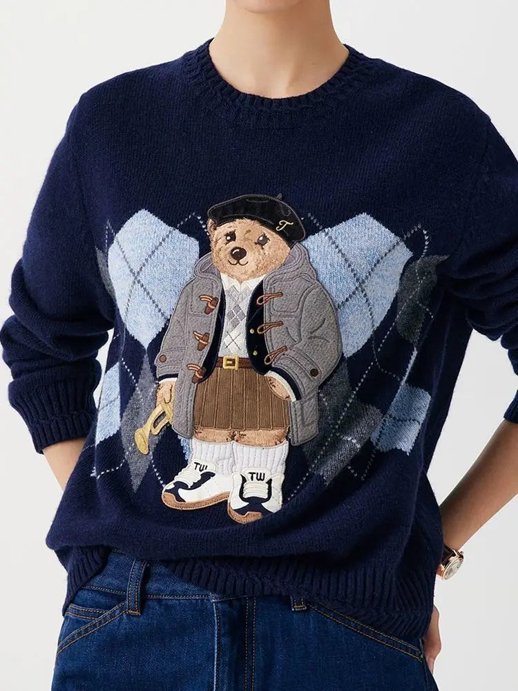 High Street Luxury French Ladies Embroidery Bear Knitted Pullover Sweater For Women Fashion Casual Knitwear Tops Pull Femme