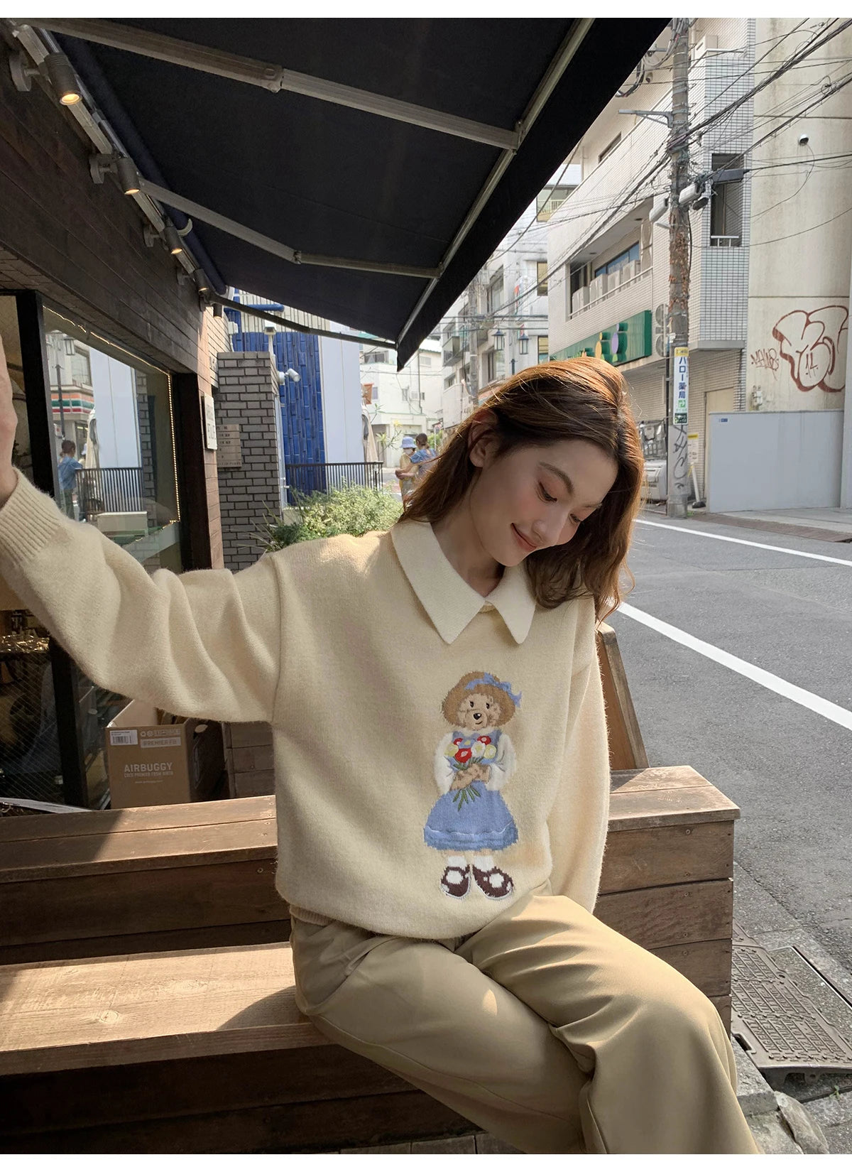 High Quality French Vintage Luxury Bear Jacquard Sweater For Women Autumn New Fashion Korean Casual Loose Pullover Knitted Tops