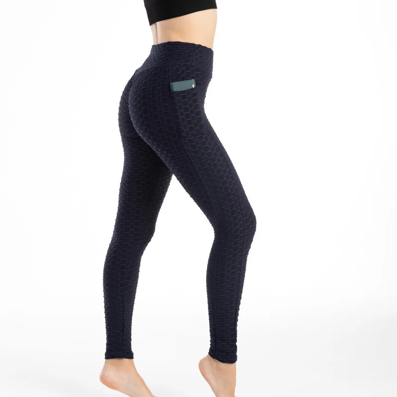 Leggings Women Fashion Pocket Bubble Pants Stretchy Slim Leggings Gym Running Cycling Fitness Pants High Waist Hip Lift Leggings Female