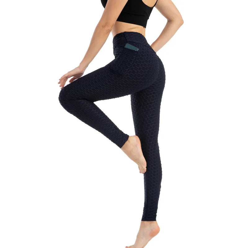Leggings Women Fashion Pocket Bubble Pants Stretchy Slim Leggings Gym Running Cycling Fitness Pants High Waist Hip Lift Leggings Female