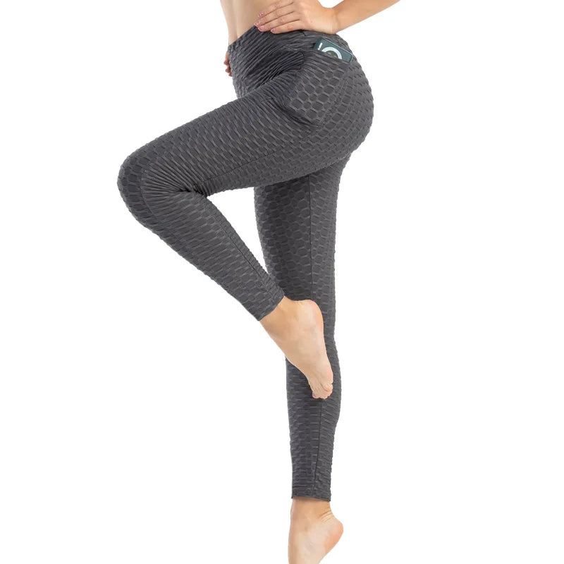 Leggings Women Fashion Pocket Bubble Pants Stretchy Slim Leggings Gym Running Cycling Fitness Pants High Waist Hip Lift Leggings Female