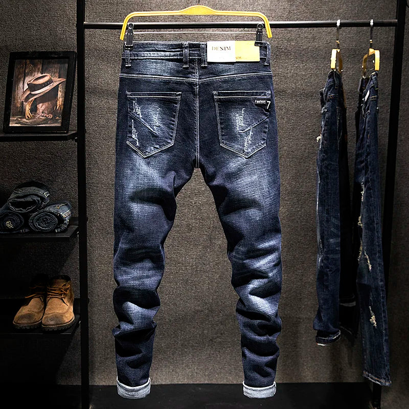Men Slim-fit Denim Pants Cotton Korean Style Fashion Elasticity Versatile Blue Black Men's Clothing