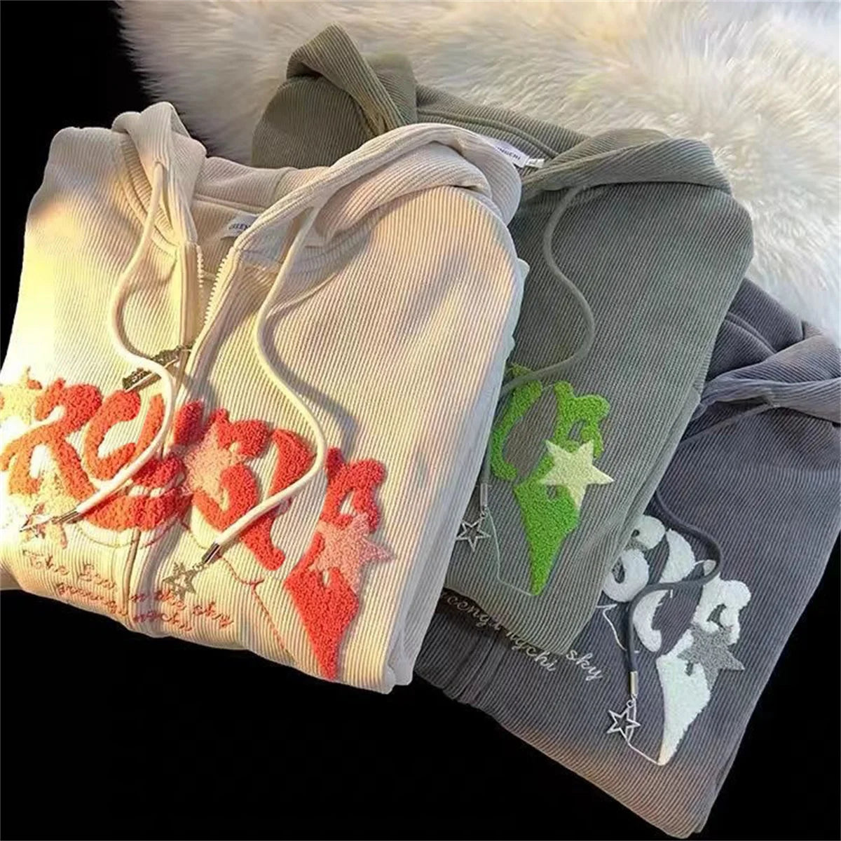 Hoodies Women Fashion Embroidery Zip Up Autumn Long Sleeve Tops Loose Hood Shirt Harajuku Y2K Clothes Female Sweatshirt Jacket
