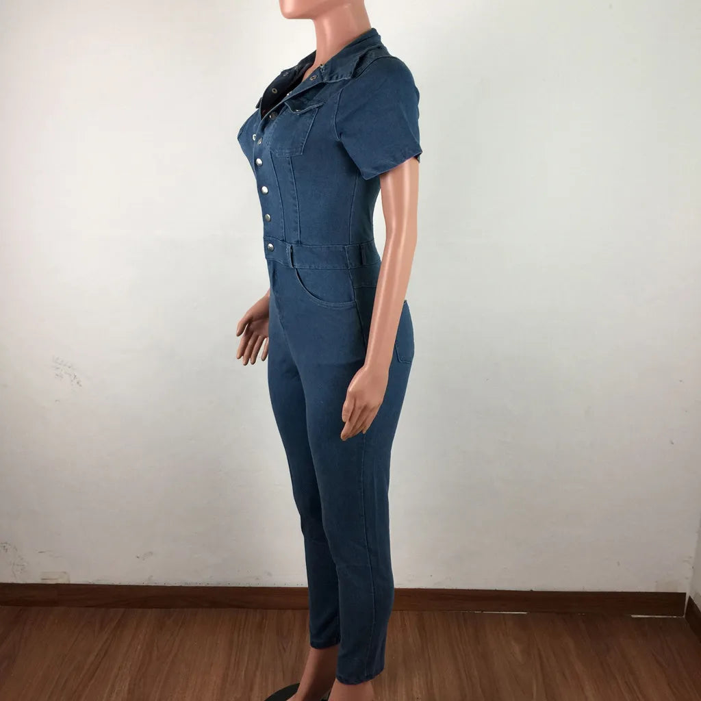 Womens' Jeans Button Tight Fit Fitting Casual Distressed Pants Jumpsuits Short Sleeves Jumpsuit Slim-Fit Long Trousers Mujer
