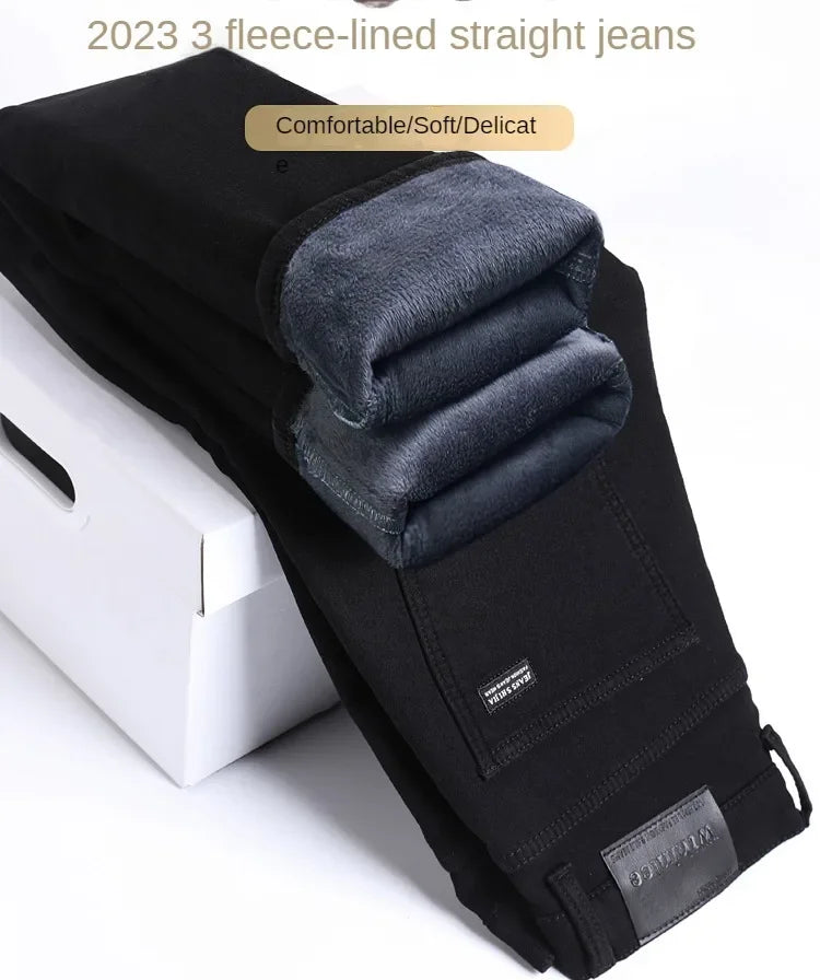 Men Slim Fit Stretch Thick Velvet Pants Warm Jeans Casual Fleece Trousers Male