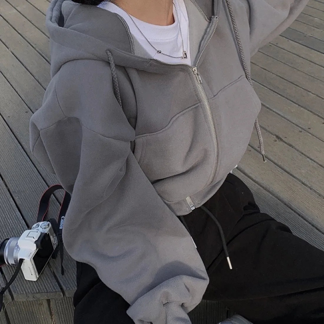 Hoodies Women ,Casual Hood Sweatshirt Women Y2K Zip Up Hoodies Solid Harajuku Long Sleeve Shirt Oversized Crop Tops Female Loose Jackets Coat