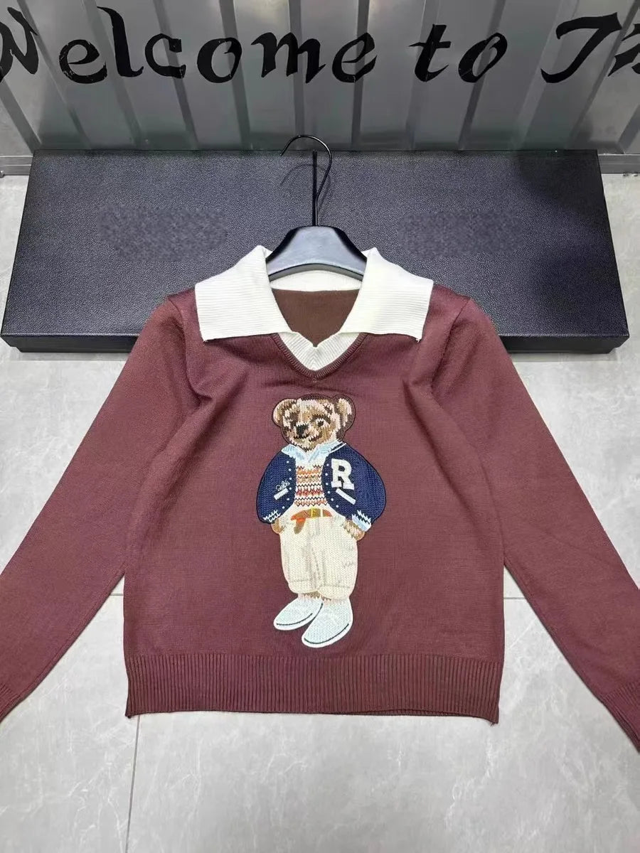 Knitted Sweater Women Design Bear Cartoon Embroidery Long Sleeve Pullover Tops Jumper Autumn