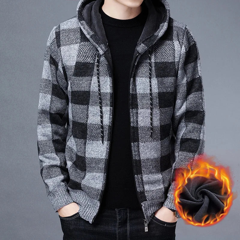 Sweater Jacket Fashion Winter Coat Fleece Hoodies High Quality Luxury Checkered Hooded Knit Cardigan Male Outer Wear