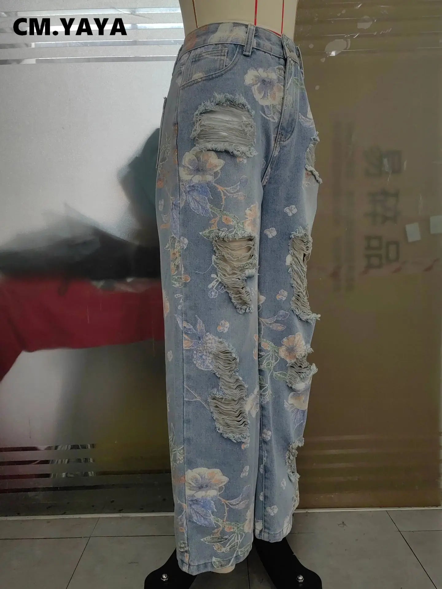 Denim Pants Women Floral Print Sexy Hole Hollow Out Jeans Ripped Out Straight Trousers 2025 Summer Street Lady Pant