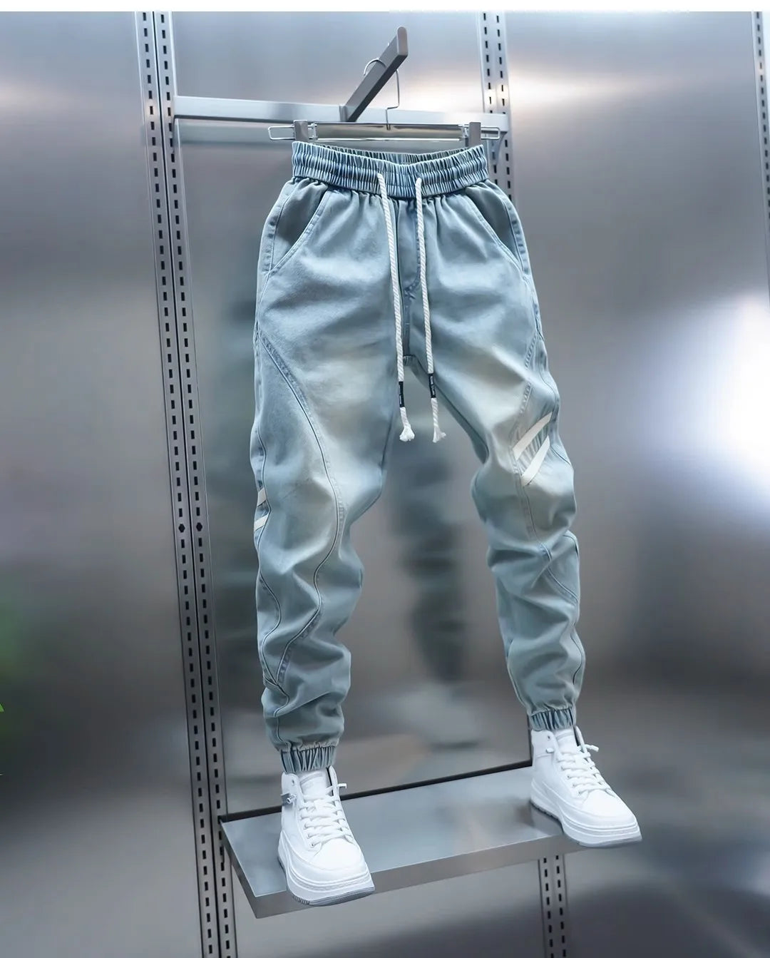 Men's Summer Slim Fit Jeans Light Blue Elastic Waist Patchwork Casual Pants Tapered Leg Jeans Harlan Sle Breathable Comfort...