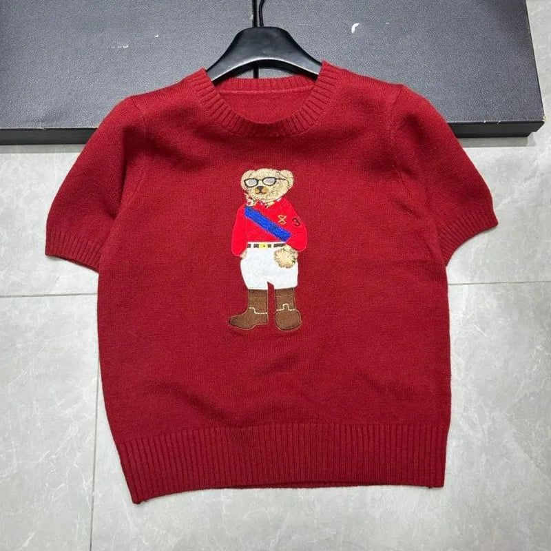 European Style Luxury Brand Loose O-Neck Bear Pullover Tops Knitwear Woman Short Sleeve T-shirt Ladies Wool Knitted Sweater