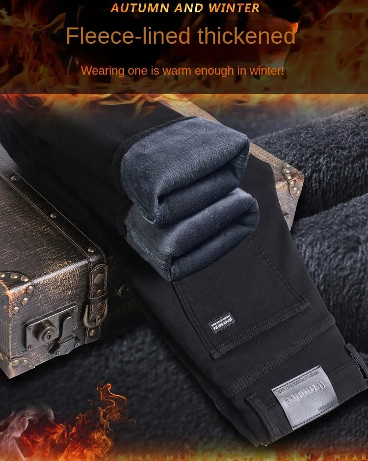 Men Slim Fit Stretch Thick Velvet Pants Warm Jeans Casual Fleece Trousers Male