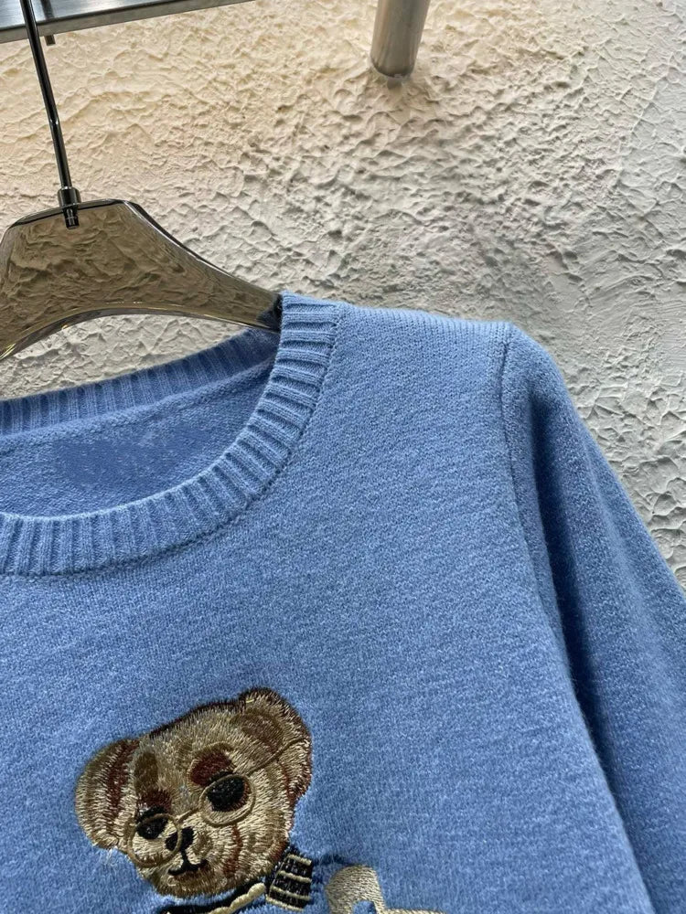 High Quality Fall Winter New Fashion Lazy Cartoon Bear Embroidery Loose Knitted Sweater Tops Women Casual Pullover Sweater Pull