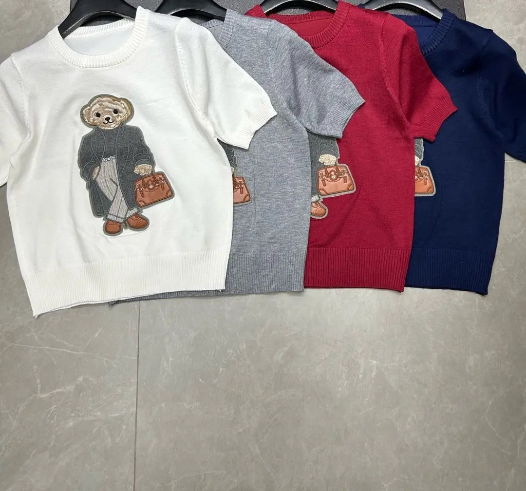 European Style Luxury Brand Loose O-Neck Bear Pullover Tops Knitwear Woman Short Sleeve T-shirt Ladies Wool Knitted Sweater