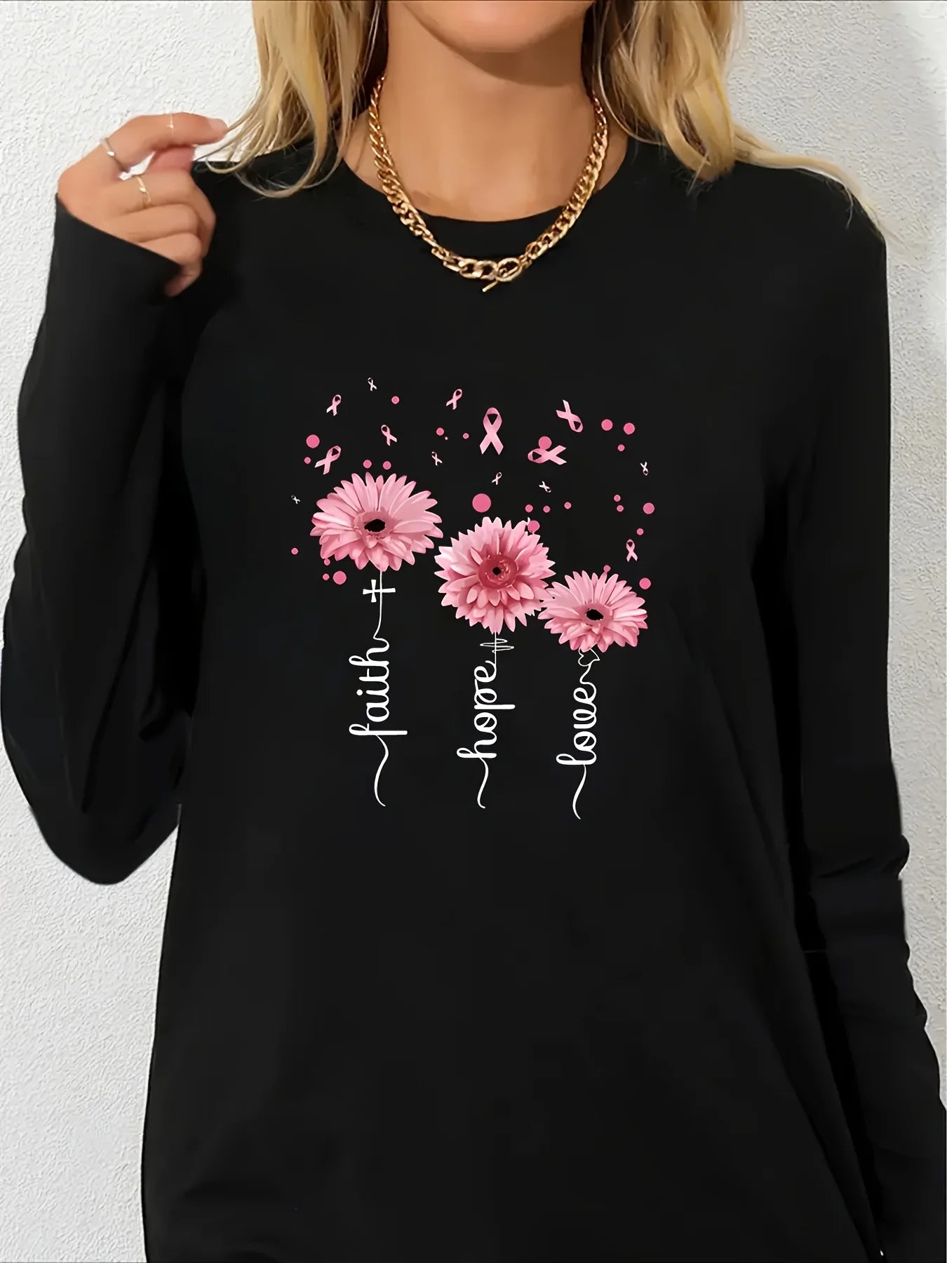 Faith Print Crew Neck T shirt Casual Long Autumn winter top women's long sleeved T-shirt loose comfortable black  white