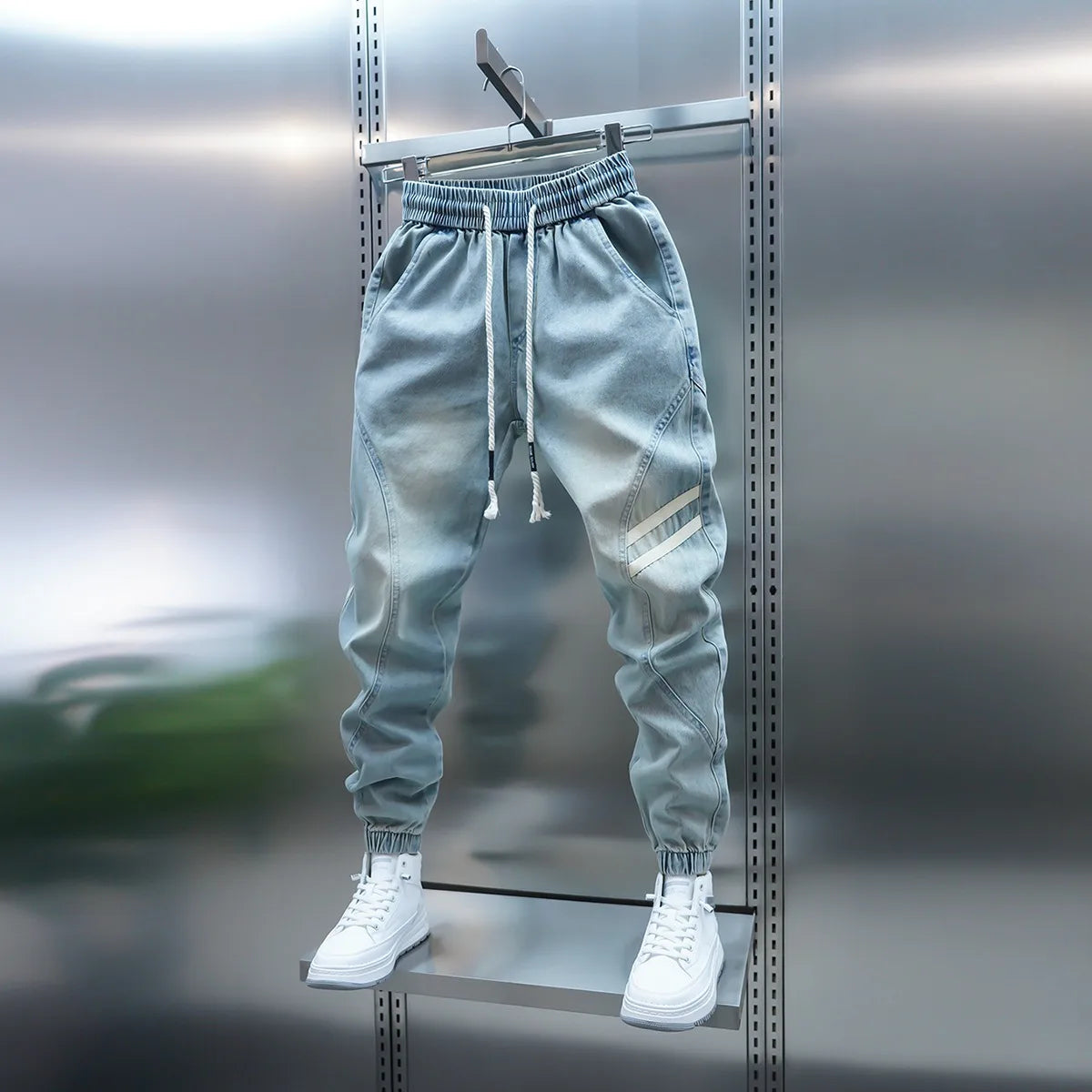 Men's Summer Slim Fit Jeans Light Blue Elastic Waist Patchwork Casual Pants Tapered Leg Jeans Harlan Sle Breathable Comfort...