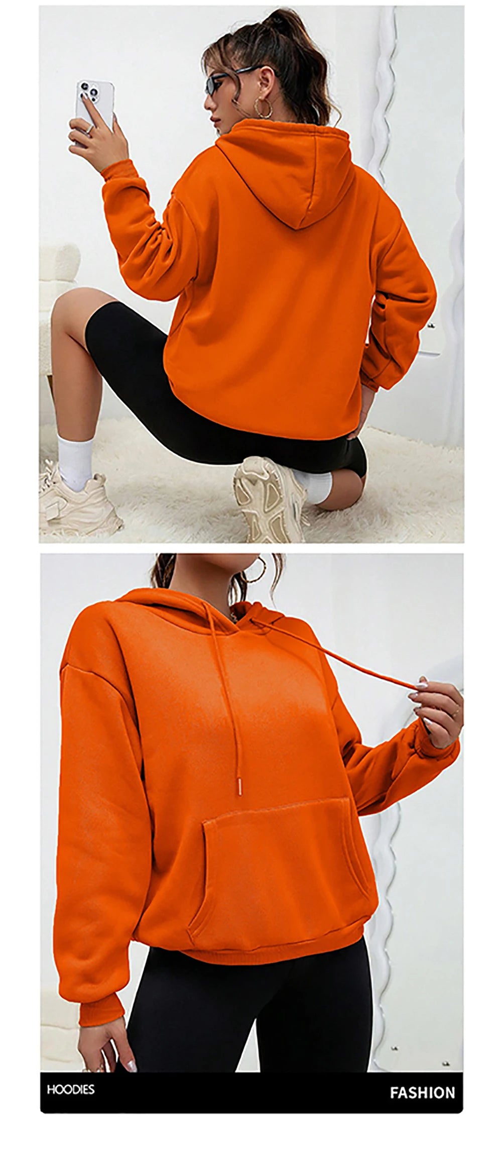 Solid Color Casual Hoodie For Female Pocket Creative Hoody All-Match Street Clothes Womens Fleece Unisex Pullovers