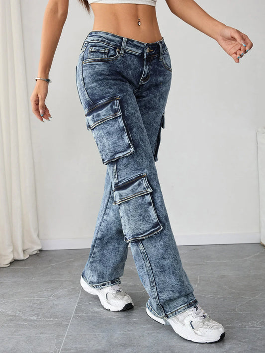 Retro Women's Washed Cargo Denim Pants High Rise Loose Fit Jeans Vintage 90s Style Denim Clothing for Daily Outfit