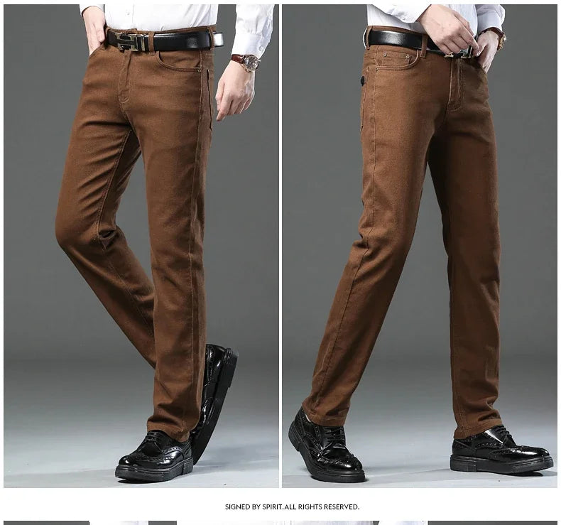Men's Clothing Slim Jeans Fashion Brown Business Casual Stretch Denim Pants Male Brand Trousers