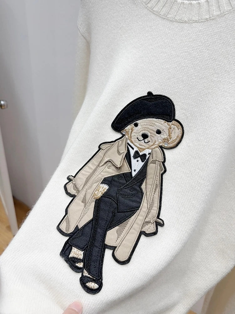 European Style Luxury Brand Loose O-Neck Bear Pullover Tops Knitwear Woman Long Sleeve T-shirt Ladies Wool Knitted Sweater Tops
