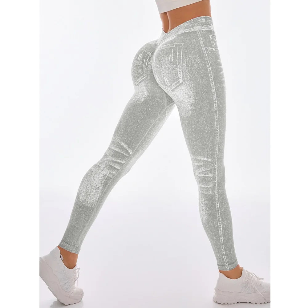 Women Sport Yoga Leggings Faux Jeans Skinny Tight Seamless Fitness Outerdoor Pants