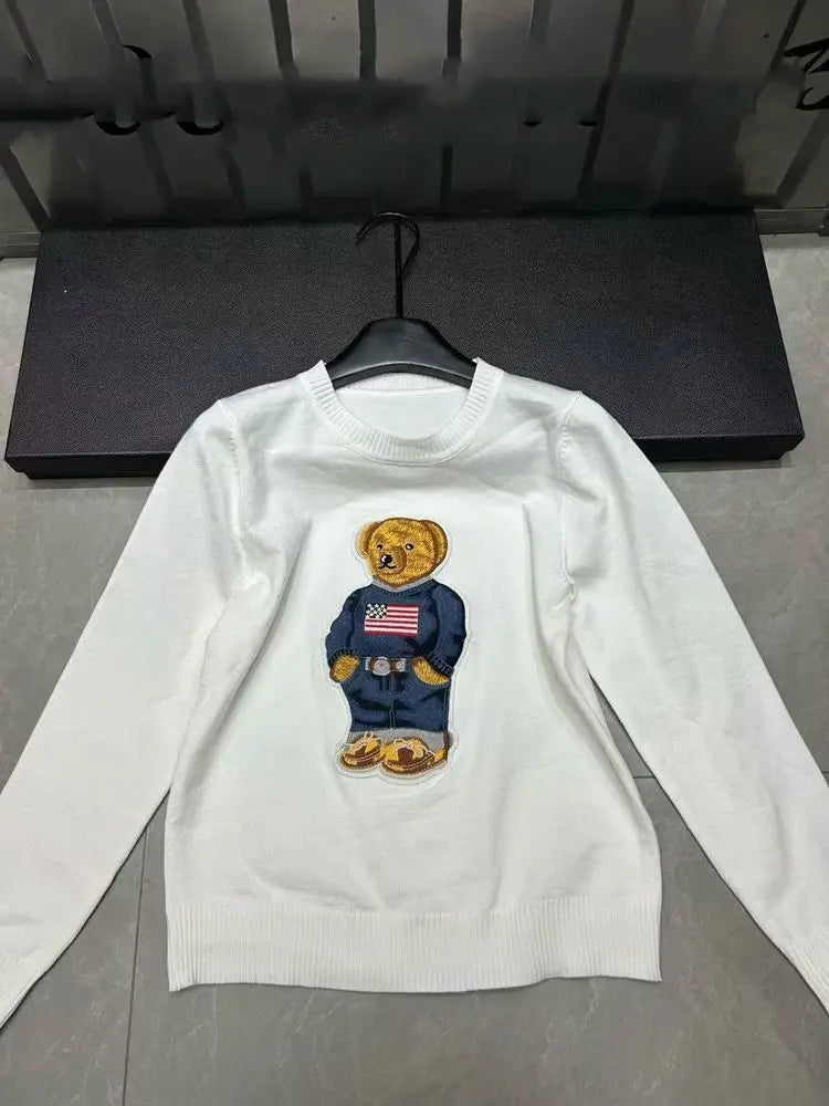 High Quality Fall Winter New Fashion Lazy Cartoon Bear Embroidery Loose Knitted Sweater Tops Women Casual Pullover Sweater Pull