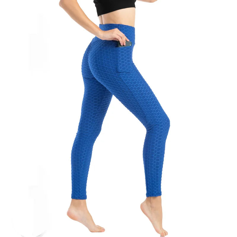 Leggings Women Fashion Pocket Bubble Pants Stretchy Slim Leggings Gym Running Cycling Fitness Pants High Waist Hip Lift Leggings Female