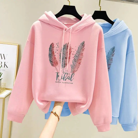 Hoodies Women Fashion Feather Printed Hoodies Autumn Winter Plus Velvet Casual Loose Sweatshirt