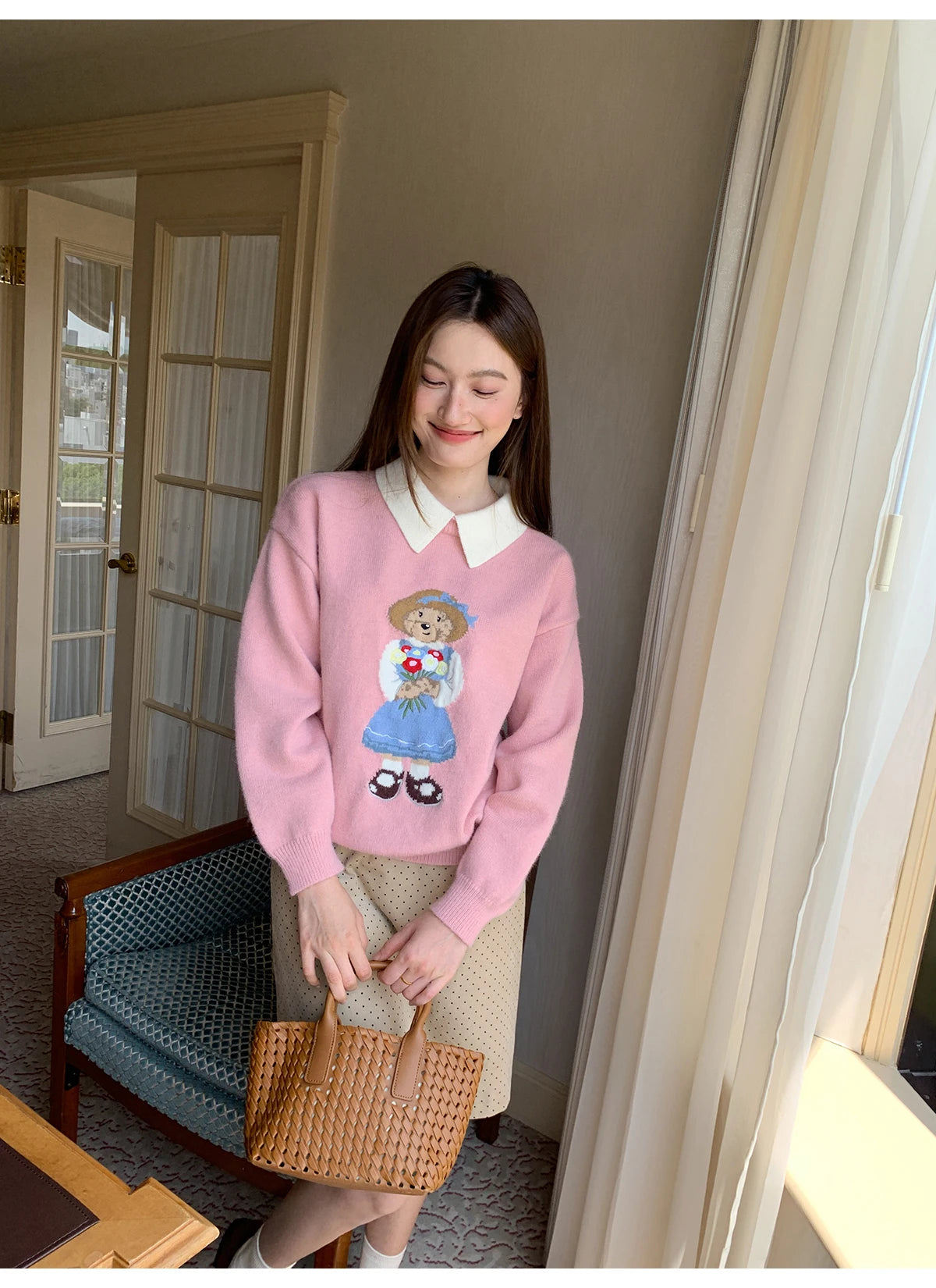 High Quality French Vintage Luxury Bear Jacquard Sweater For Women Autumn New Fashion Korean Casual Loose Pullover Knitted Tops